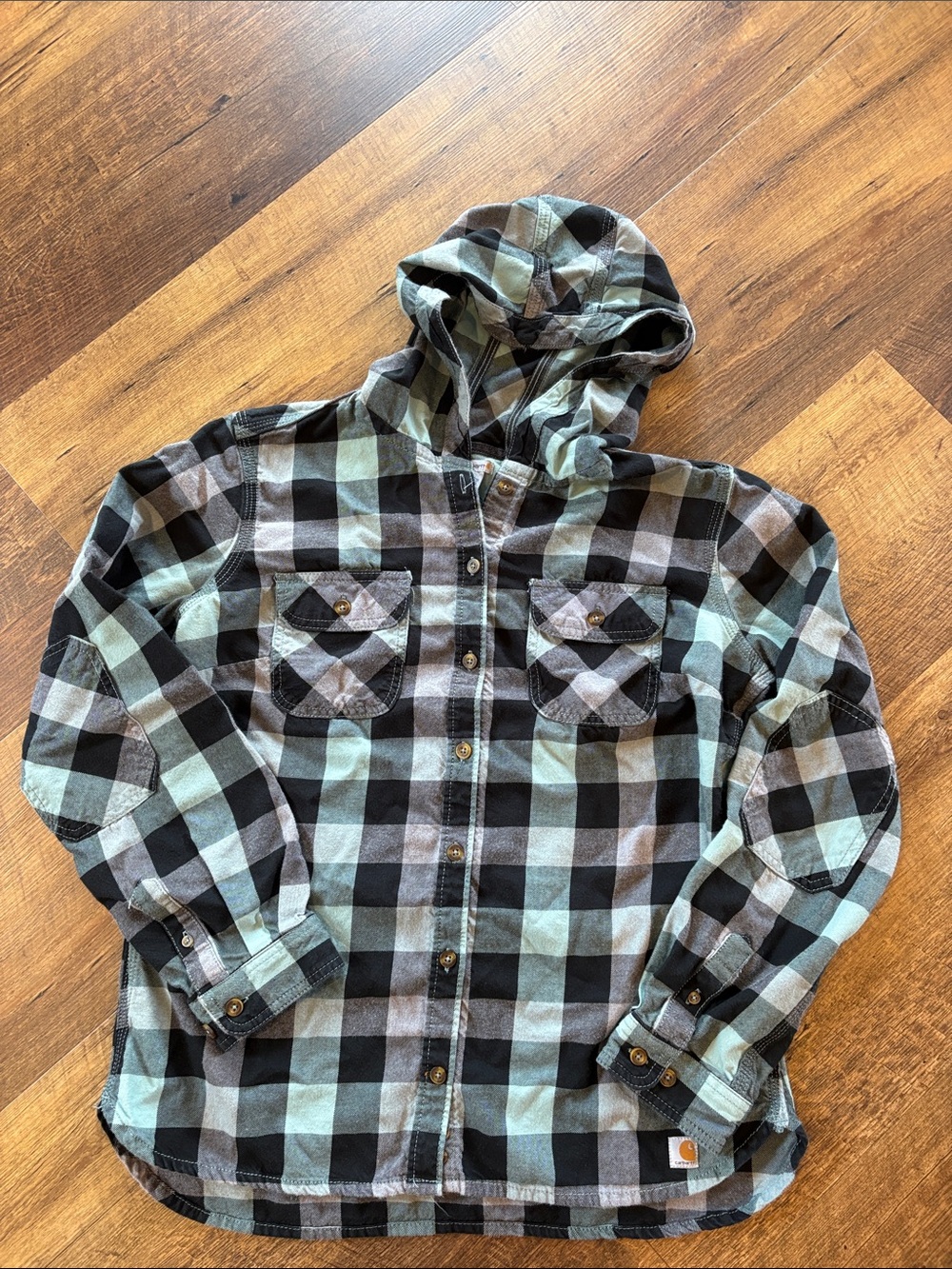 Carhartt Black & Light Teal Benton Long Sleeve Plaid Hooded Shirt